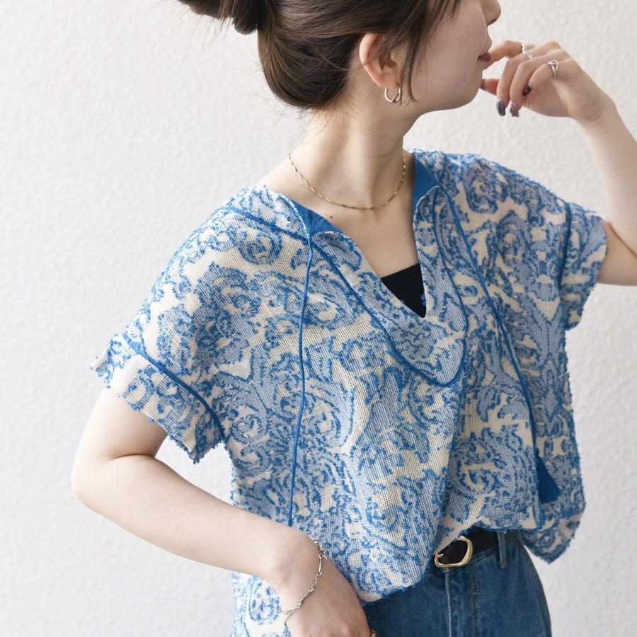 ギャルリーヴィー　24AW シルクハブタエプリント スキッパーシャツ　手洗い可 SHIPS any any:〈手洗い可能〉メッシュ ジャカード カフタン