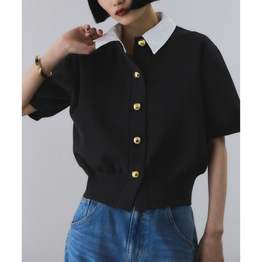 megu様アダムエロペ　カラー付きハーフスリーブカーディガン　新品　オフホワイト サステナブル】カラー付きハーフスリーブカーディガン