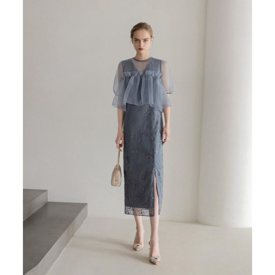 ボリュームシアーフリルジャガードIラインワンピースドレス : マルイ