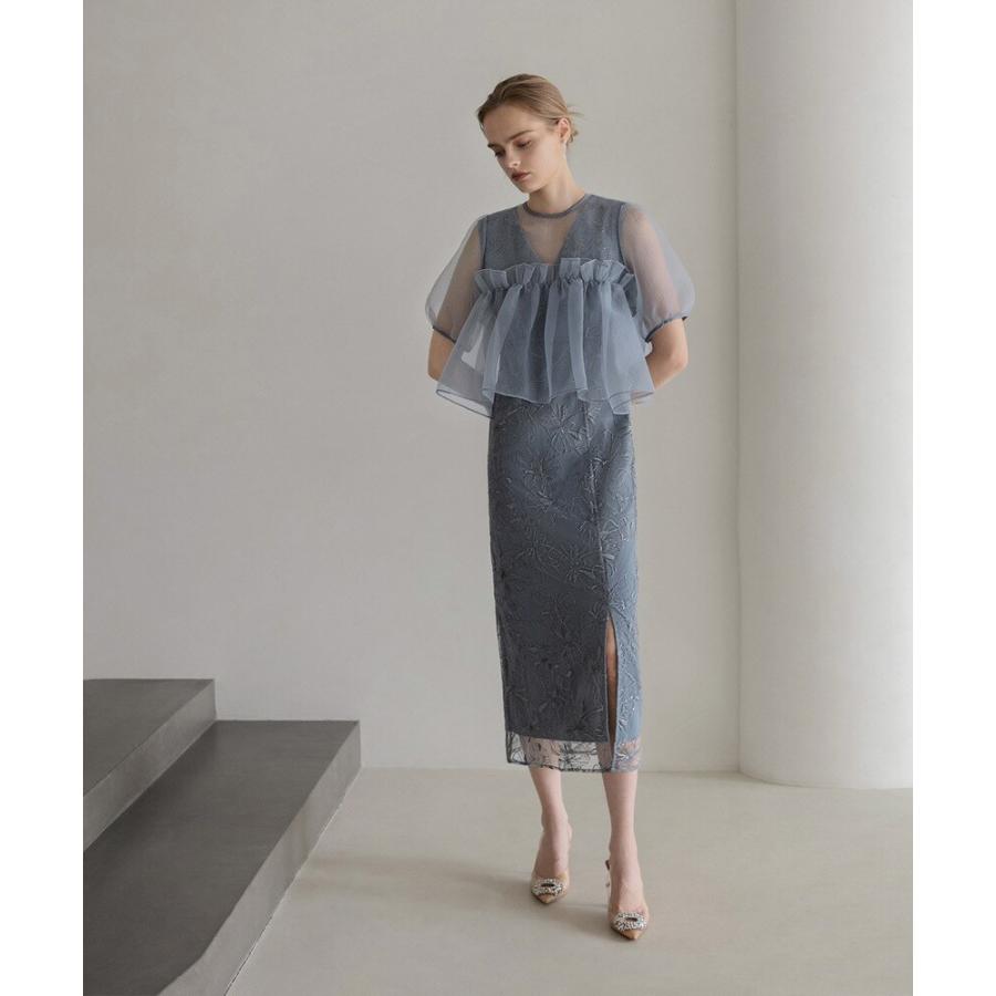 ボリュームシアーフリルジャガードIラインワンピースドレス : マルイ