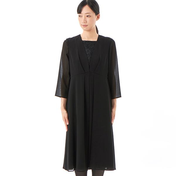 ブラック夏フォーマル＞【洗える】シャーリングワンピース／アンフィニ