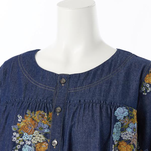 15〜19号 ]デニム/ツイル ブロッサムクラスタ刺繍ブルゾンブラウス 