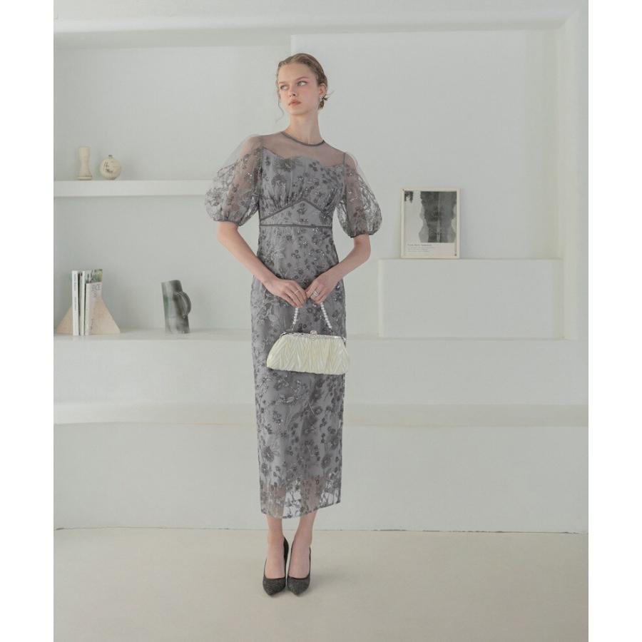 フラワーディテールパフスリーブIラインワンピースドレス : マルイ