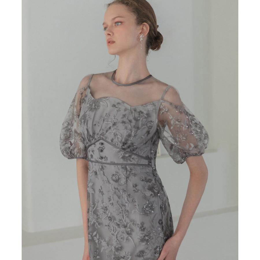 フラワーディテールパフスリーブIラインワンピースドレス : マルイ