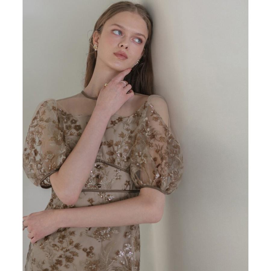 フラワーディテールパフスリーブIラインワンピースドレス : マルイ