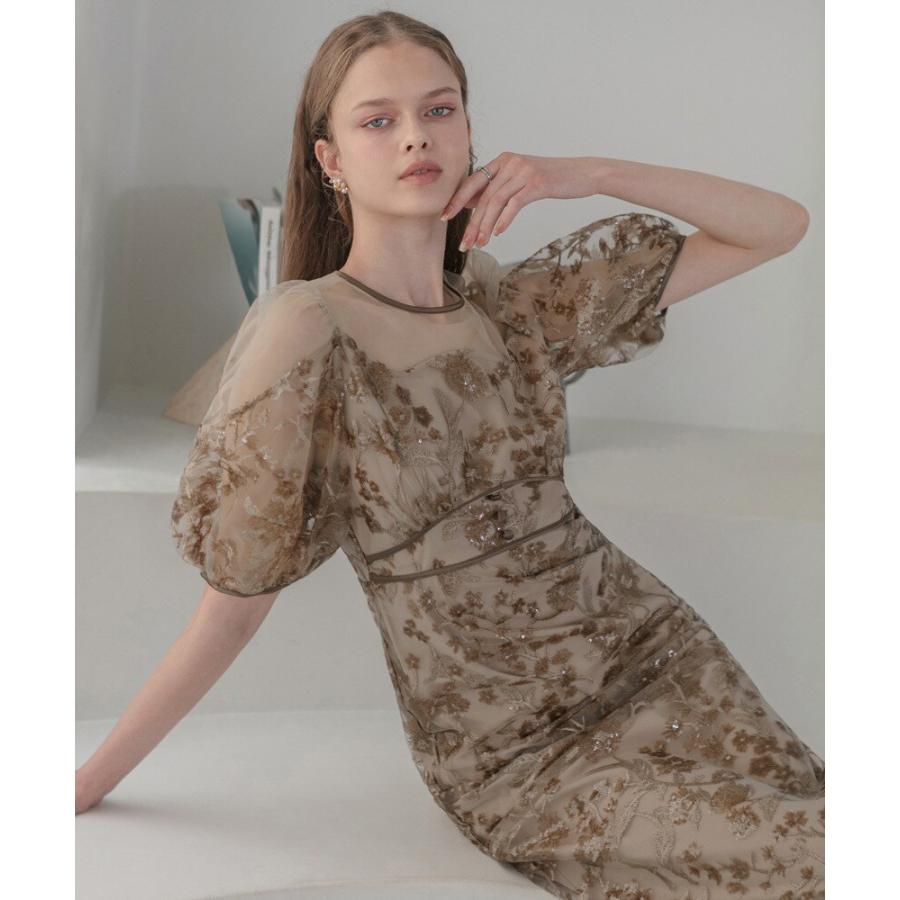 フラワーディテールパフスリーブIラインワンピースドレス : マルイ