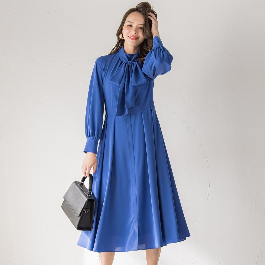 極美品❤︎ブルーレーベル シャンブレー Aライン ワンピース ボウタイ ストレッチ Viaggio Blu（ビアッジョブルー） ボウタイワンピース≪手洗い可能