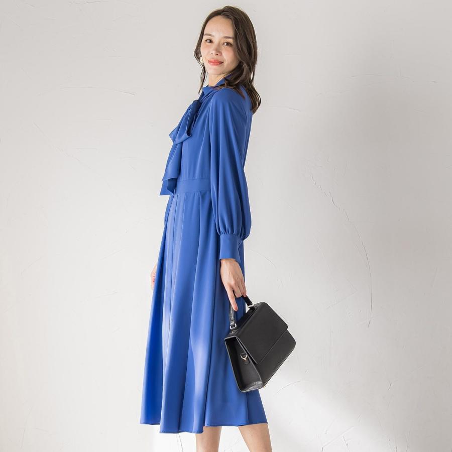 極美品❤︎ブルーレーベル シャンブレー Aライン ワンピース ボウタイ ストレッチ Viaggio Blu（ビアッジョブルー） ボウタイワンピース≪手洗い可能