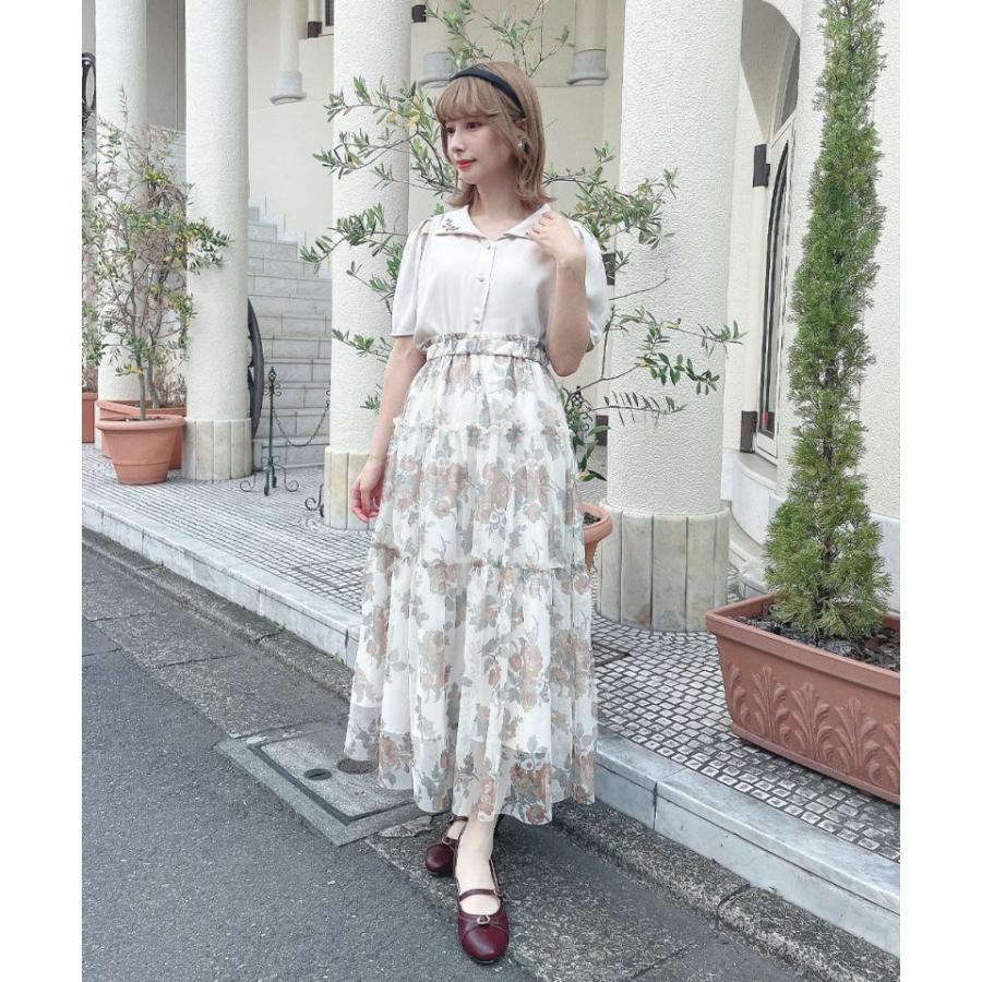45R：美品【コットンフランネル×刺繍レース】ギャザー＆フレア•Aラインブラウス an another angelus（アンアナザーアンジェラス） 【洗える】プチ