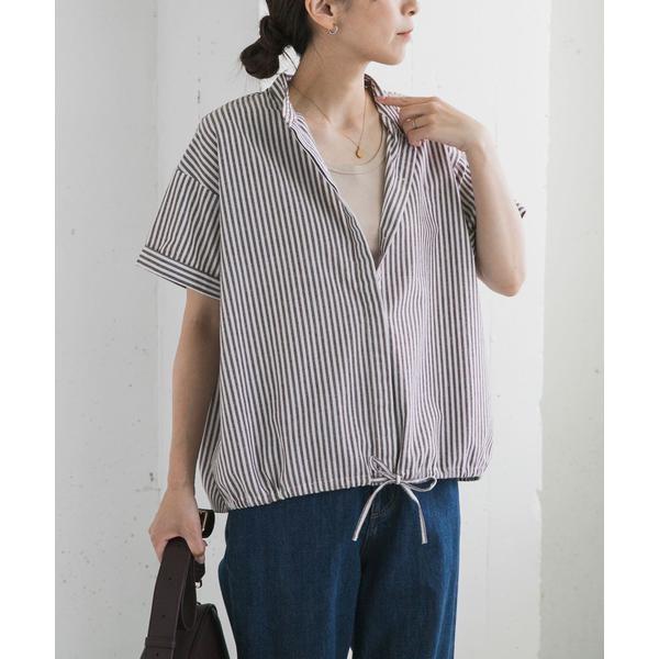 美品 アドーア バンドカラー コットン ストライプ柄 フレア シャツ URBAN RESEARCH DOORS（アーバンリサーチドアーズ） ストライプ