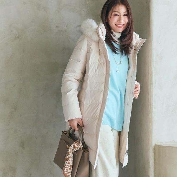 INDIVIインディヴィ ベージュ キルティング ダウンコート フード付き 名品／撥水／抗菌防臭】ロング丈リサイクルダウンコート（ダウン