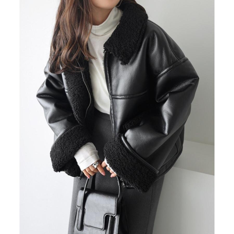 andme（アンドミー） フェイクレザー 切替 ボア ショート ブルゾン