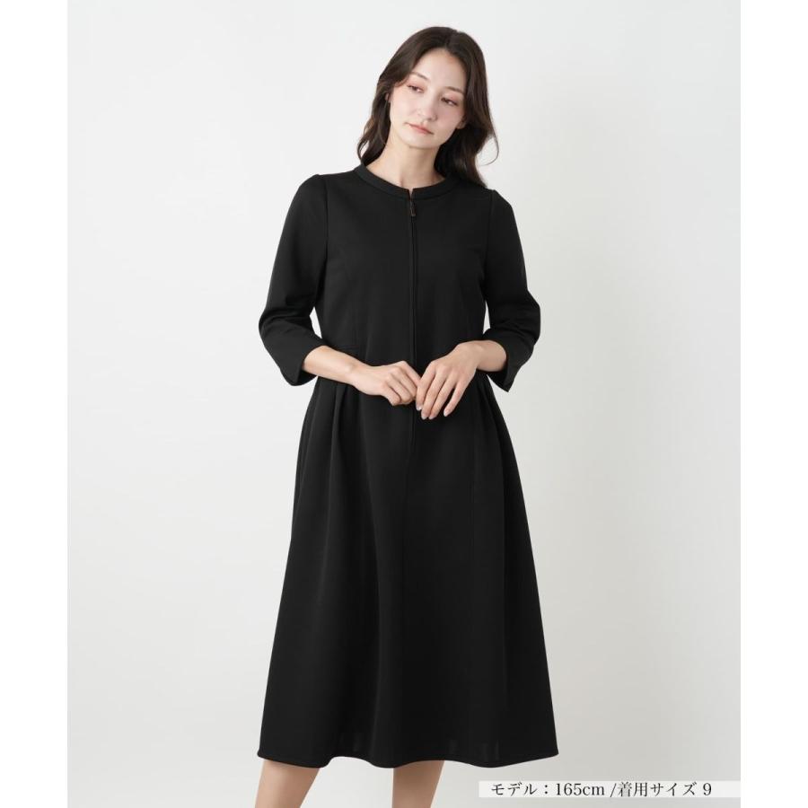 レリアン Leilian フレアワンピース ひざ丈 七分袖 クルーネック