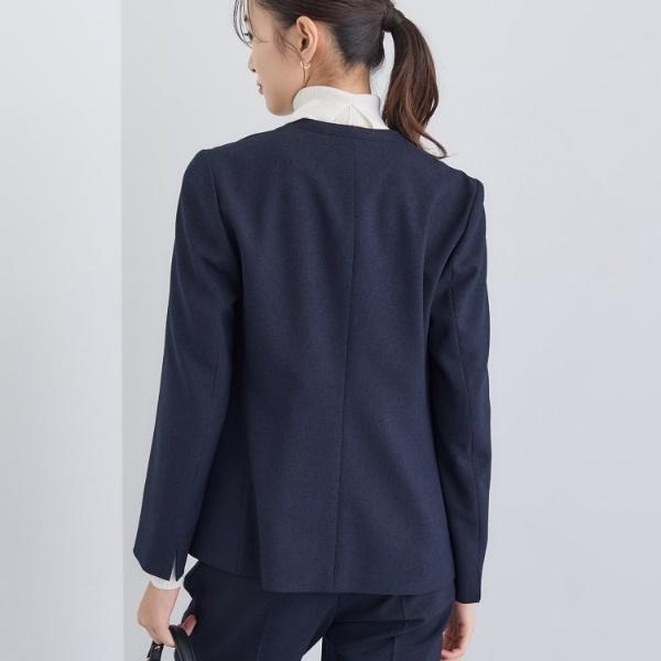美品✨ INDIVI ノーカラーパンツスーツ ブルー 34 洗える日本製 上品 INDIVI（インディヴィ） 【洗える／通勤／スーツ】メランジストレッチ