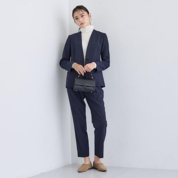 美品✨ INDIVI ノーカラーパンツスーツ ブルー 34 洗える日本製 上品 INDIVI（インディヴィ） 【洗える／通勤／スーツ】メランジストレッチ