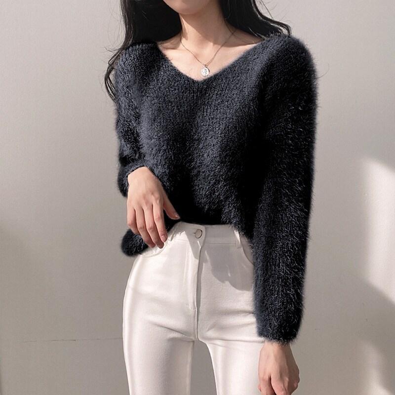 シャギーニット ふわふわ vネックトップス vネック トップス ニット