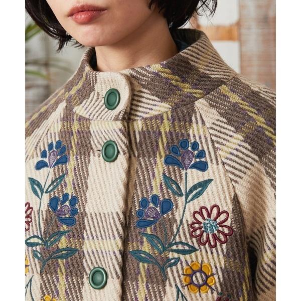 Calle de Bordadores チェック×フラワー刺繍コート