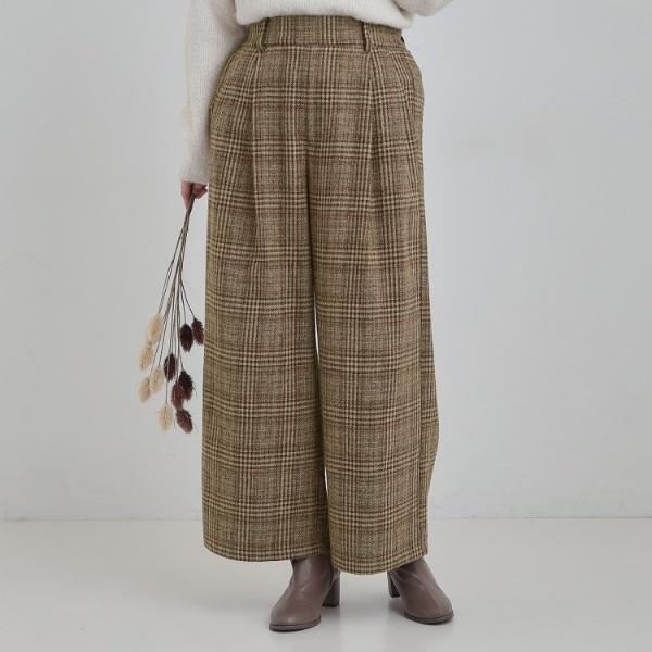 あったかS-LL】脚のラインをきれいに魅せる チェック柄ワイドパンツ