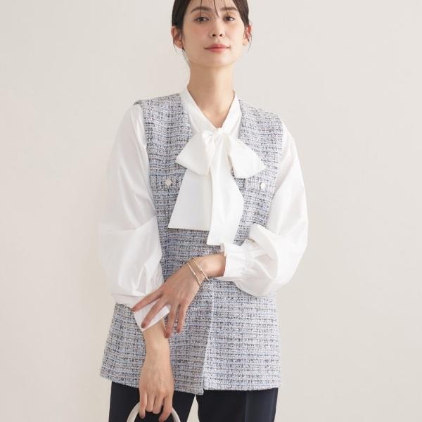 INDIVI【2点セット／洗える】ツイードジレ＆ボウタイブラウス　20,900円 INDIVI（インディヴィ） 【2点セット／洗える】ツイードジレ＆ボウタイ