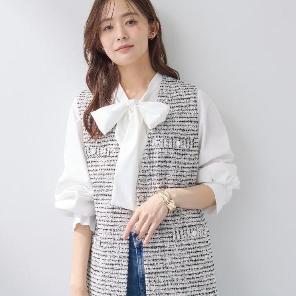 【美品】INDIV （インディヴィ）　ツイードジレ＆ボウタイブラウス　2点セット INDIVI（インディヴィ） 【2点セット／洗える】ツイードジレ＆ボウタイ