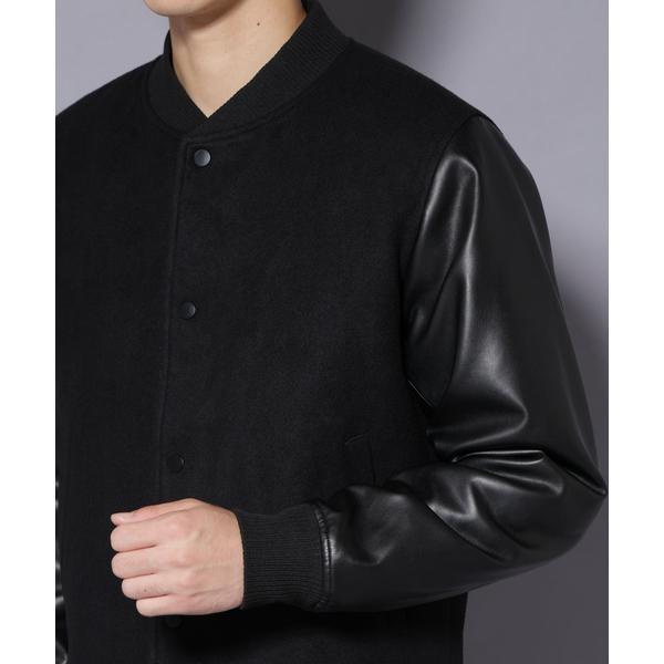  フェイクレザースタジャン 黒 スタジャン フロントロゴ刺繍フェイクレザースタジャン メンズ