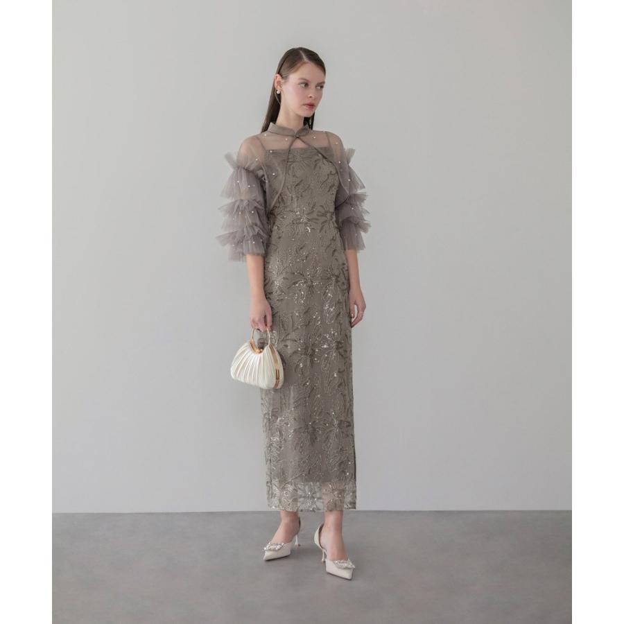 パールフリルチュールボレロレイヤードIラインワンピースドレス結婚式パーティー パールフリルチュールボレロレイヤードIラインワンピースドレス