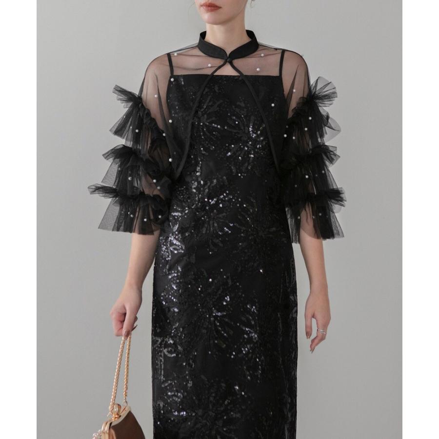 パールフリルチュールボレロレイヤードIラインワンピースドレス