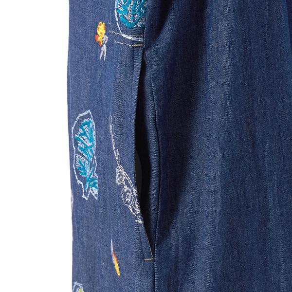 15〜19号]ライトオンスデニム ローズスケッチ刺繍ワンピース(前開き