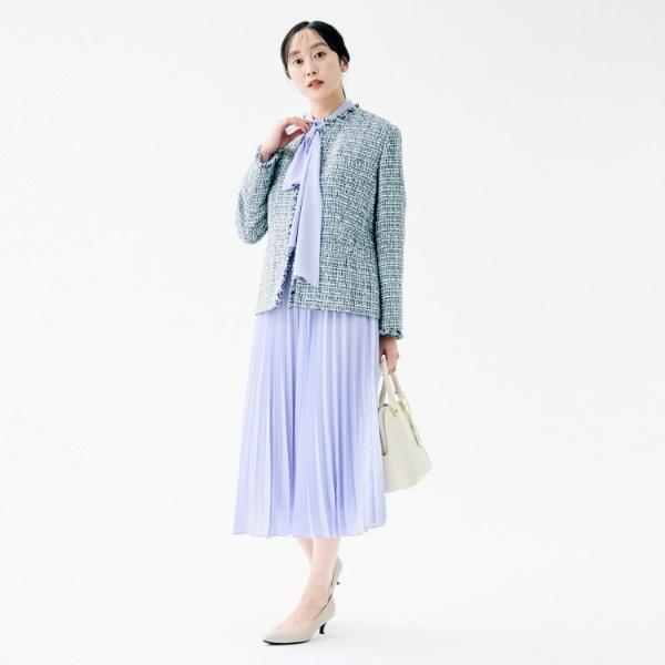 美品✨UNTITLED　2023SS　ボウタイロングワンピース　ライトブルー　2 UNTITLED（アンタイトル） 【フォーマル洗える】ボウタイ プリーツ