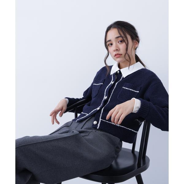【N.】今期 新品タグ付き バイカラーラインポケットカーデ ブルー NATURAL BEAUTY BASIC（ナチュラルビューティーベーシック） 〈N