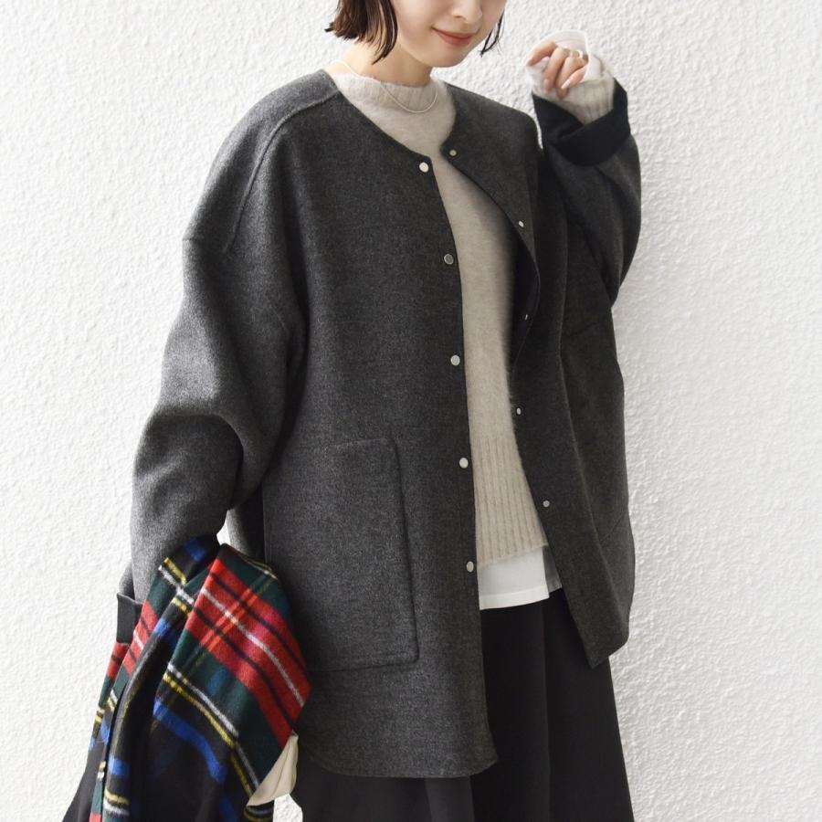 セミ 梳毛 配色 リバー ノーカラー コートの画像