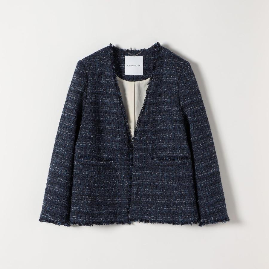 【美品】quaranciel 定価1.7万 ツイードノーカラージャケット 38 quaranciel quaranciel: ツイード ノーラペル フリンジ ジャケット