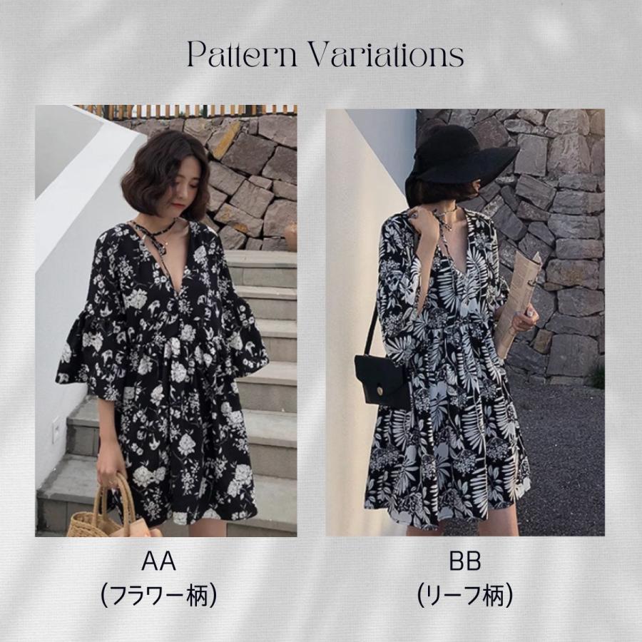 ボタニカルワンピース モノトーン ミニ カフタン 7分袖 2柄 リゾート