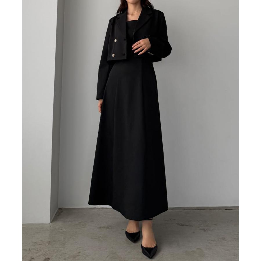 Louere バックスリットショートジャケットsetキャミフレアワンピース
