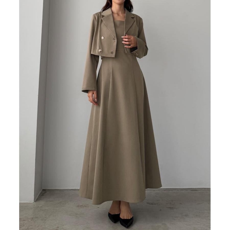 Louere バックスリットショートジャケットsetキャミフレアワンピース