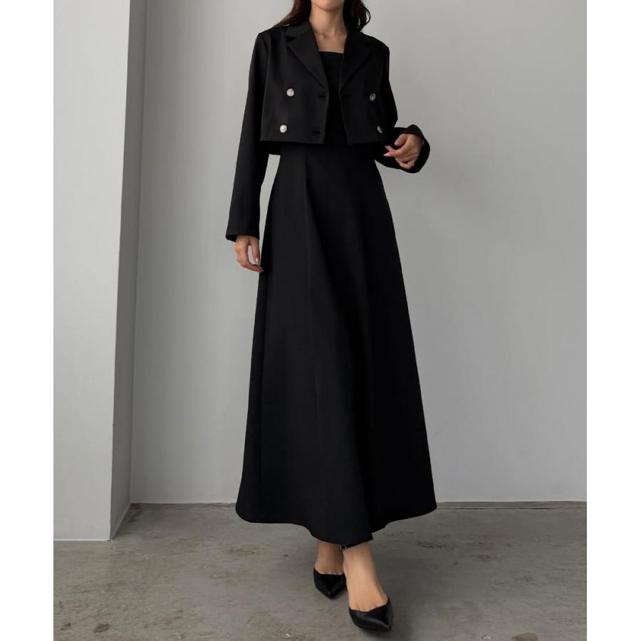 Louere バックスリットショートジャケットsetキャミフレアワンピース