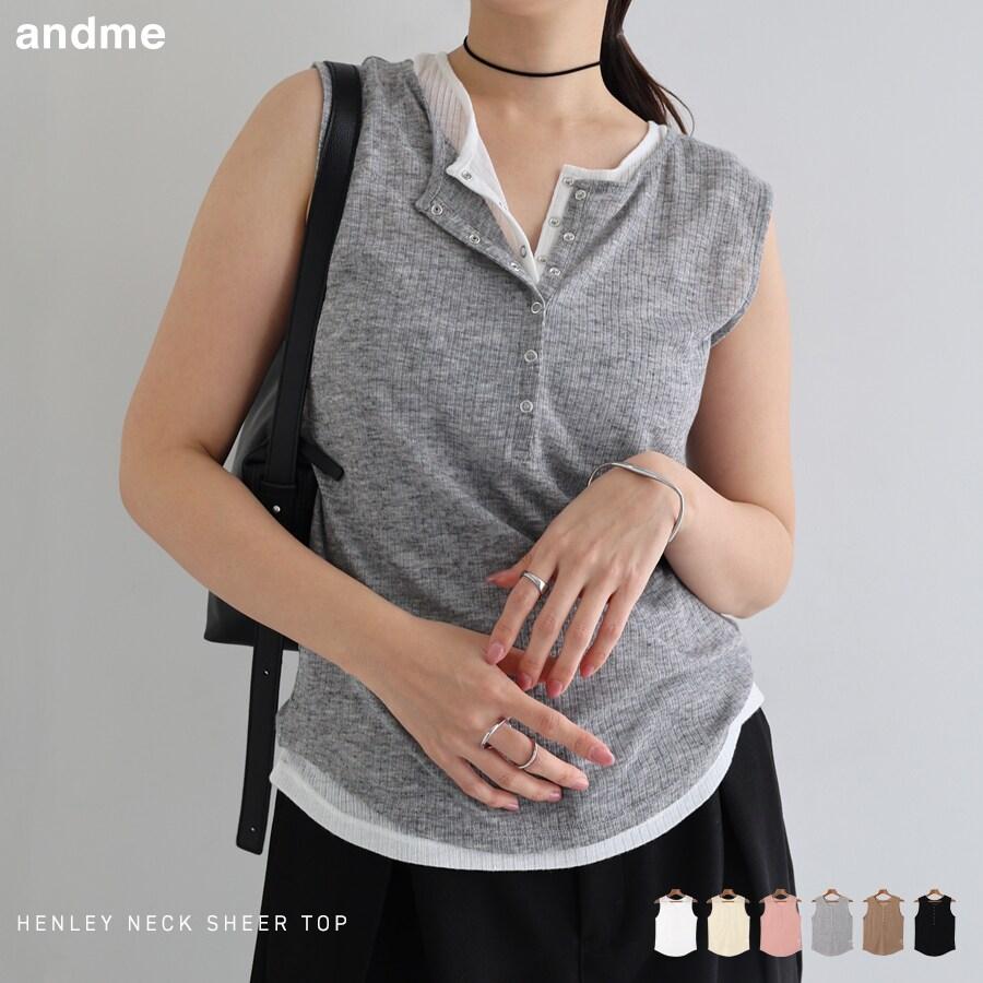 andme（アンドミー） ヘンリーネック ノースリーブ シアー トップス