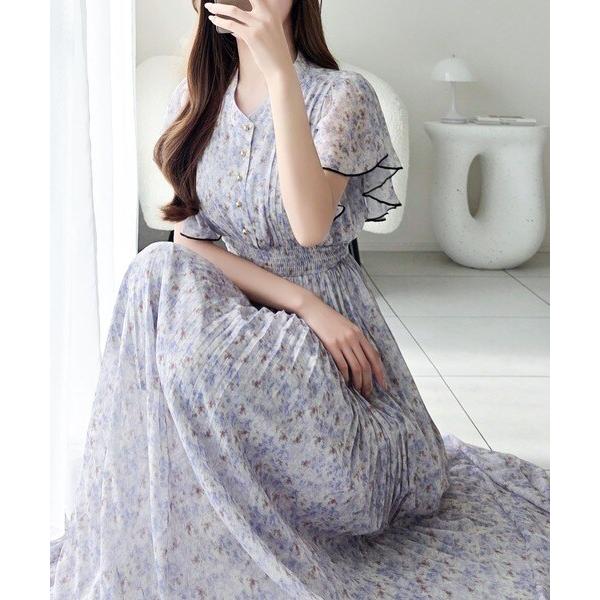 mily bilet】水彩調の花柄が目を惹く、大人の袖フリルプリーツ