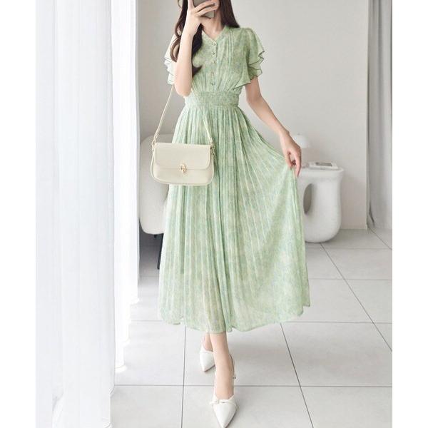 mily bilet】水彩調の花柄が目を惹く、大人の袖フリルプリーツ 