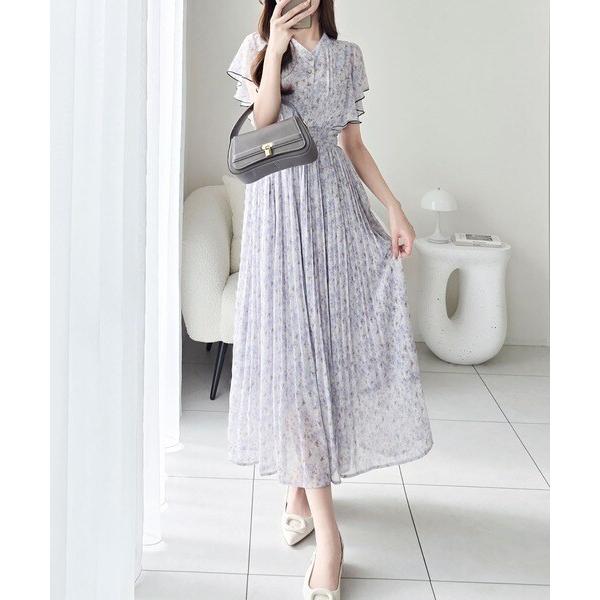 mily bilet】水彩調の花柄が目を惹く、大人の袖フリルプリーツ