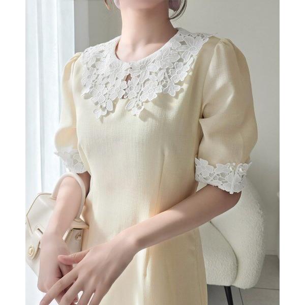 レース使いがとても綺麗なリネンレースワンピース・新品 mily bilet】贅沢な花柄レースが導く、大人の気品。襟配色レースリネン