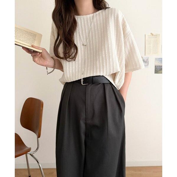 【美品】 M&KYOKO ジャガード プルオーバー 半袖 トップス ラフなのに品よく見える。軽やかぽこぽこフクレジャガードトップス