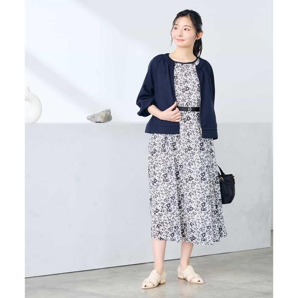 【低身長サイズ/洗える】フラワープリントギャザーノースリーブワンピースの画像