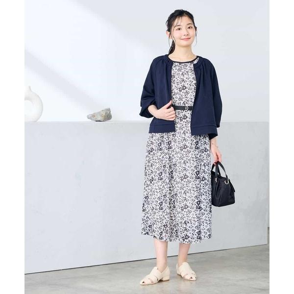 【低身長サイズ/洗える】フラワープリントギャザーノースリーブワンピースの画像