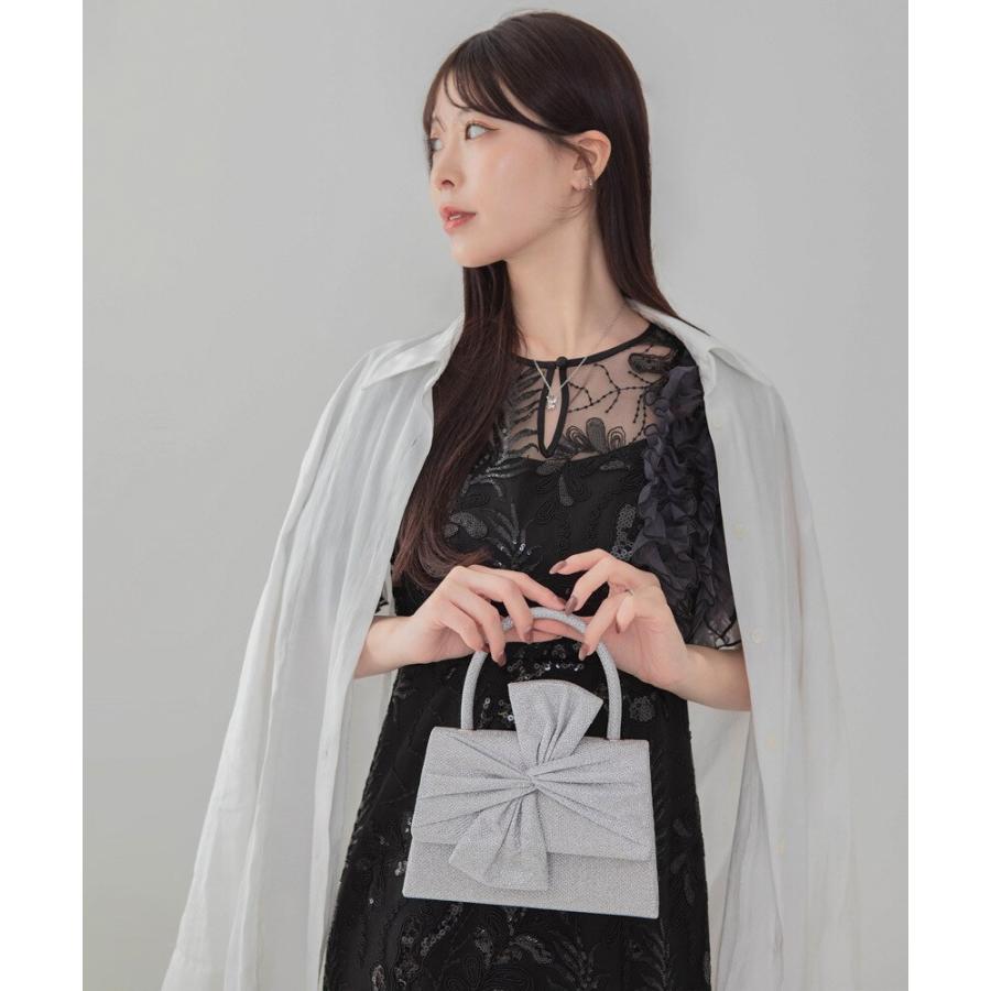アシンメトリーチュールフリルスパンコールIラインワンピースドレス