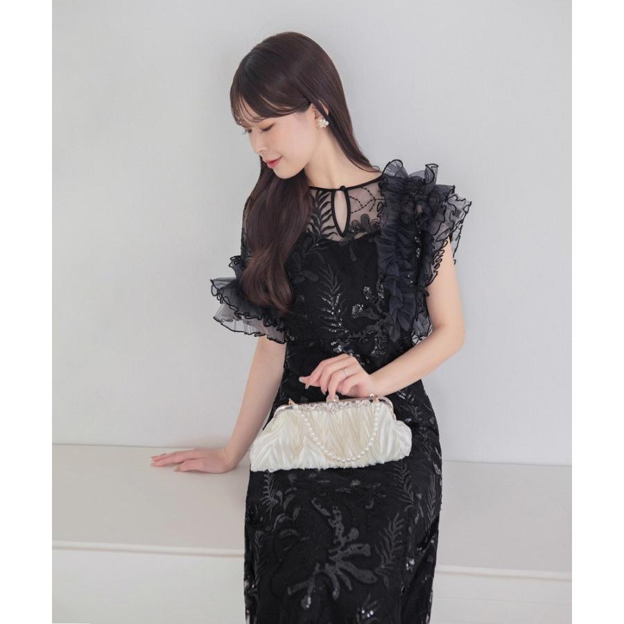 【さっち出品】アシンメトリーチュールフリルスパンコールIラインワンピース アシンメトリーチュールフリルスパンコールIラインワンピースドレス