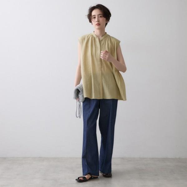 MARNI フレンチスリーブブラウス クルーネック Vネック グリーン 44 Dessin（デッサン） ギャザーネック フレンチスリーブブラウス