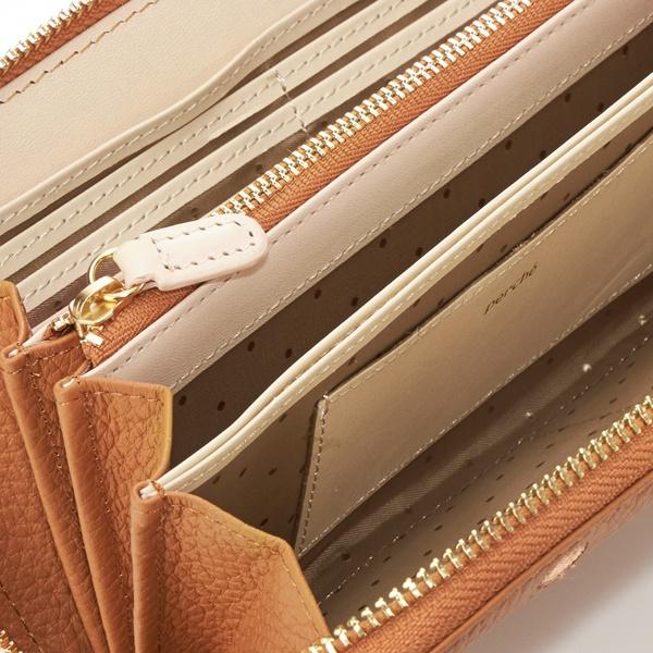 【新品未使用品】perché ドット柄 長財布 キャメルレディース 本革 レザー】 perche ペルケ / 牛革ドット刺繍ラウンド長財布