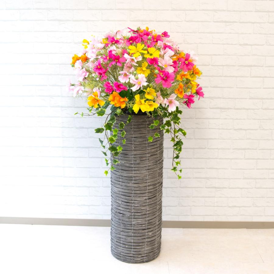 Pa241 造花スタンドアレンジ コスモス アイビー シリンダーバスケットスタンド90 フラワーアレンジメント スタンド花 フラワースタンド アートフラワー Www Erhamah Com