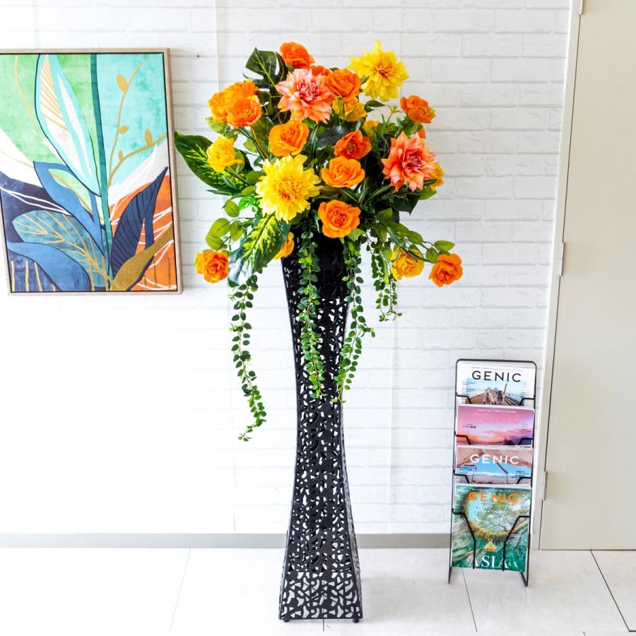 Pa487 Sqir1 造花スタンドアレンジ ローズ ダリア スクエアアイアンスタンド フラワーアレンジメント スタンド花 フラワースタンド